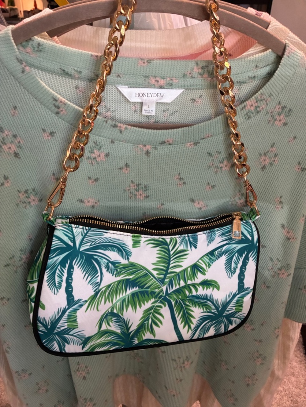 Tropical Palm Print Chain-Handle Shoulder Bag - Green